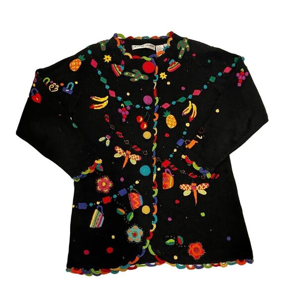 Michael Simon Sweater Vintage Black Cardigan Long Sleeve Beads Fruit Size 1 1994 - Picture 1 of 10